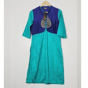 Aurelia Kurta NEW Teal Blue Gold Detailed Front Half Sleeve Tunic Open Side